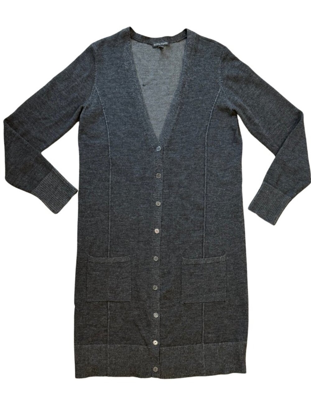 Eileen Fisher 100% Merino Wool Longline Cardigan with Pockets Grey Gray XS